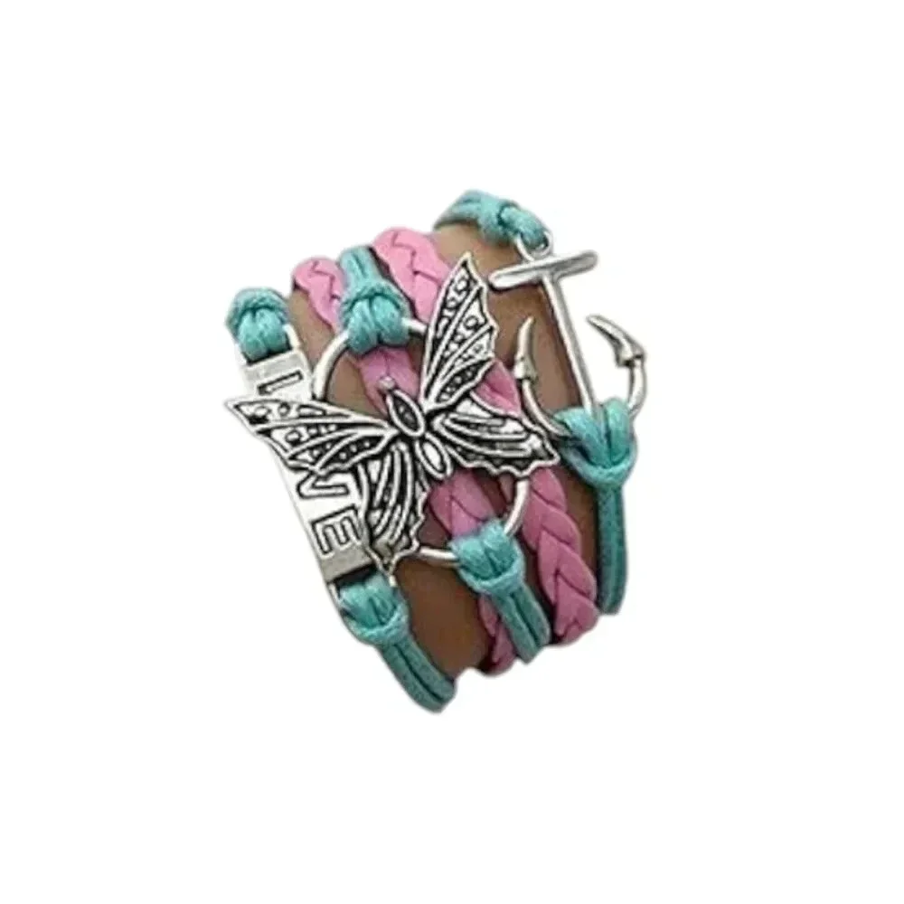 Love Butterfly Anchor Charm Faux Leather Multi-layered Bracelet
